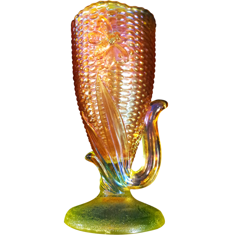 Millersburg Butterfly & Corn Vaseline Vase Carnival Glass Showcase