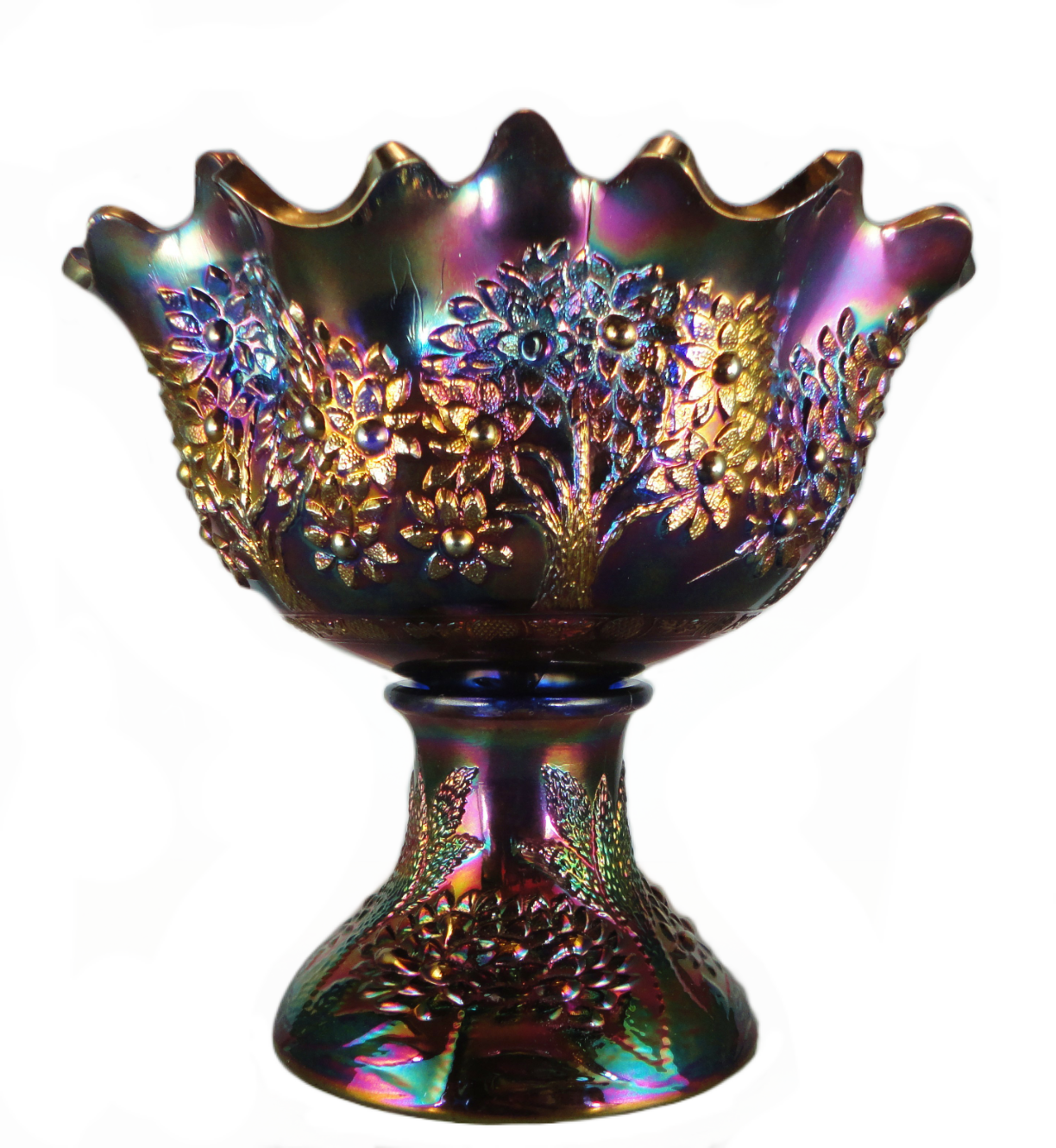 Fenton Orange Tree Blue Punch Bowl Carnival Glass Showcase