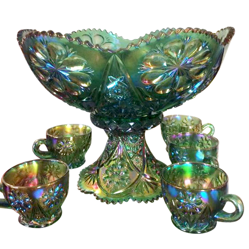 Imperial Four Seventy Four Emerald Green Punch Bowl Set Carnival Glass