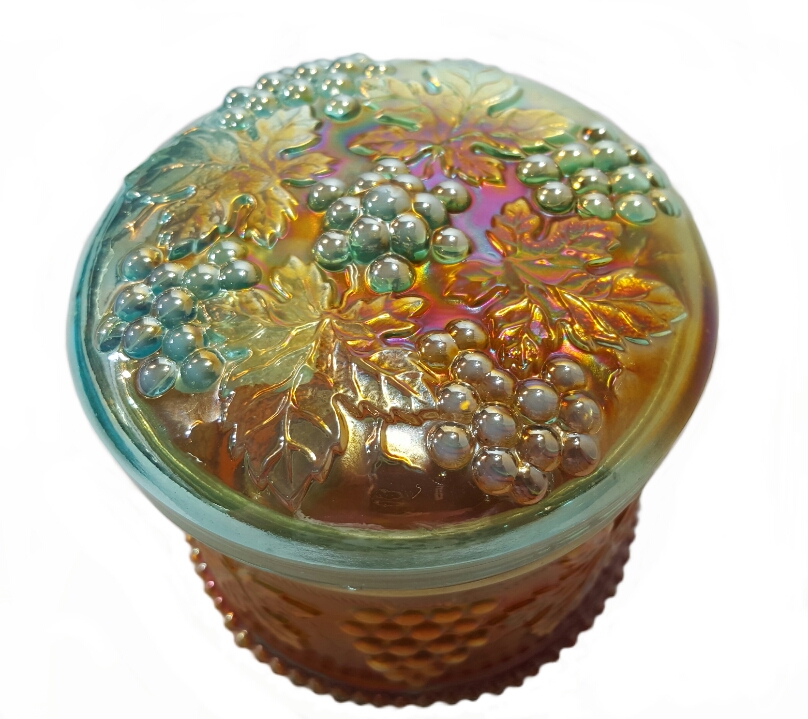 Northwood Grape & Cable Aqua Opal Powder Jar Carnival Glass Showcase