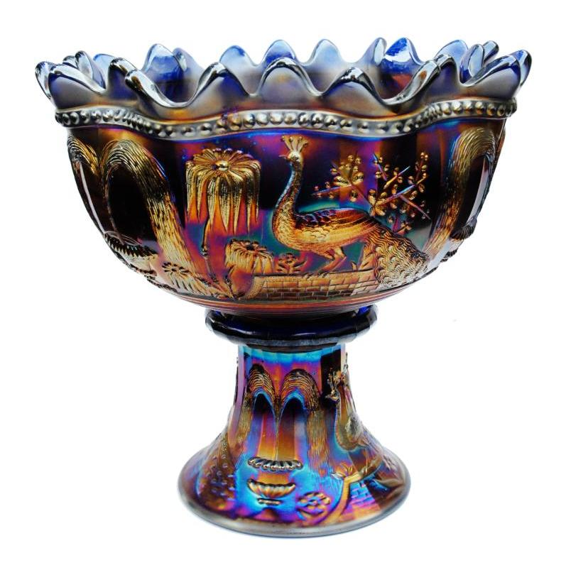 Northwood Peacock at the Fountain Blue Punch Bowl Carnival Glass Showcase