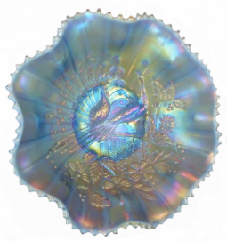 Northwood Peacocks on the Fence Powder Blue Opal Ruffled Bowl